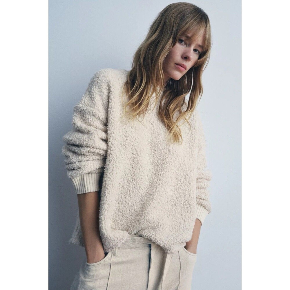 Zara BOUCLE KNIT SWEATER Wool Blend Women Sz M IVORY BEIGE